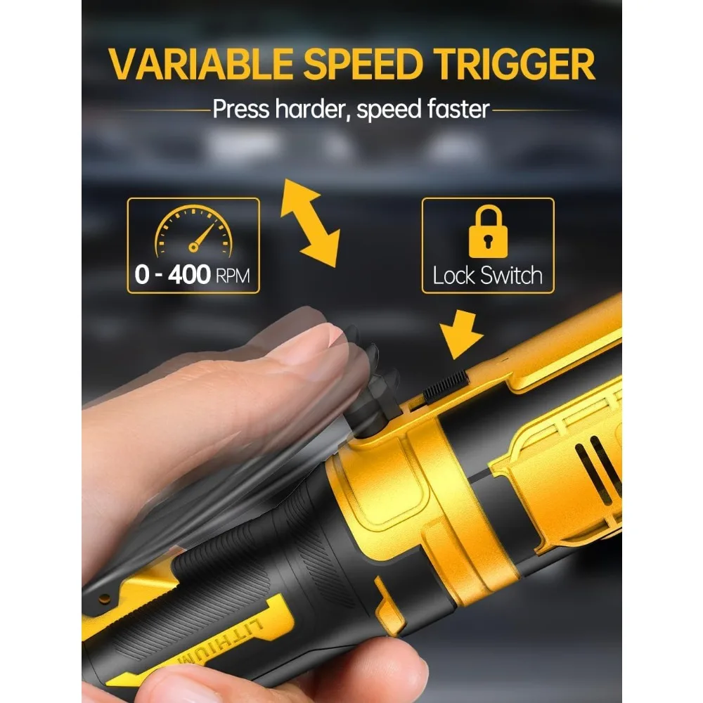 3/8-Zoll-Akku-Ratschenschlüssel, 88 Fuß langes Drehmoment, 0–400 U/min, variable Geschwindigkeit, 7 Steckdosen und Adapter im Lieferumfang enthalten