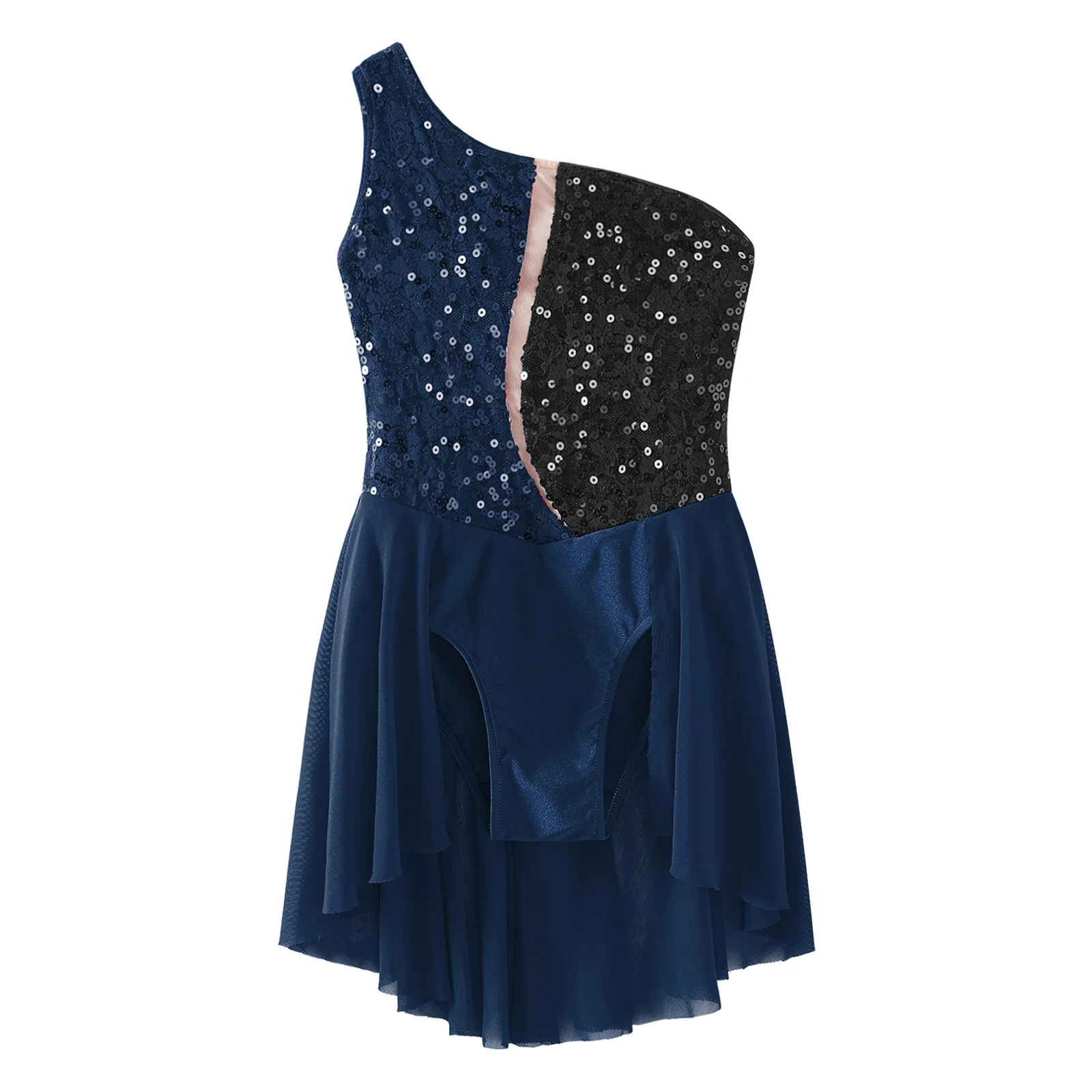 Glittery Sequins Gymnatics Figure Skating Costume One Shoulder Ballet Lyrical Dance Dress for Girls Lace Bodice Ballerina Tutu