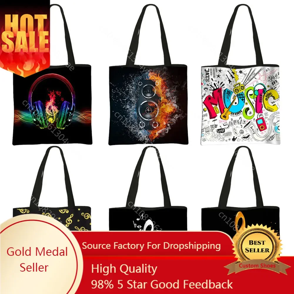 Music Notes Print Tote Bag Musical Instrument Handbag Guitar Violin/Violoncello/Piano Shoulder Bag BookBag Day Shopping Bag