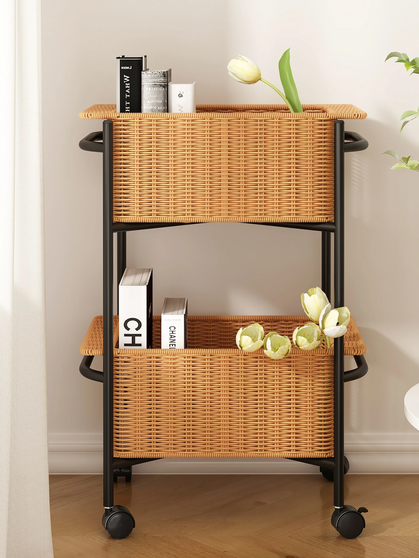 

rattan rack snack trolley living room mobile storage rack floor bookshelf storage basket bathroom layered rack