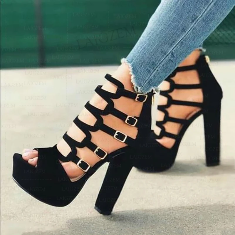 

SEIIHEM Women Platform Sandals Open Toe Thick High Heels Pump Faux Suede Back Zip Buckles Ladies Shoes Women Plus Size 41 50 52