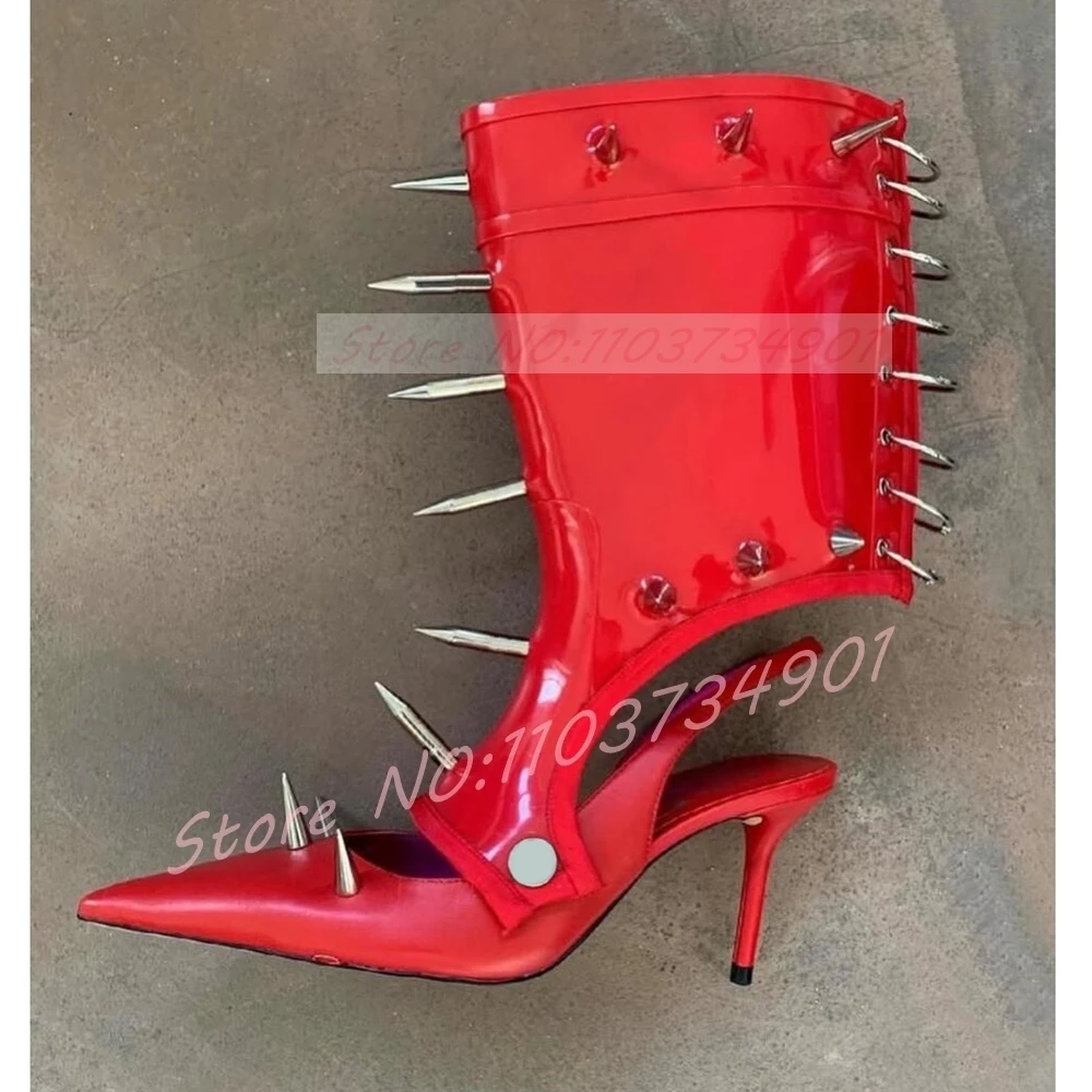 

Metal Rivets Red Ankle Wrap Sandals Women Sexy Rome Style Pointed Toe High Heels Sandals Party Punk Streetwear Spike Shoes