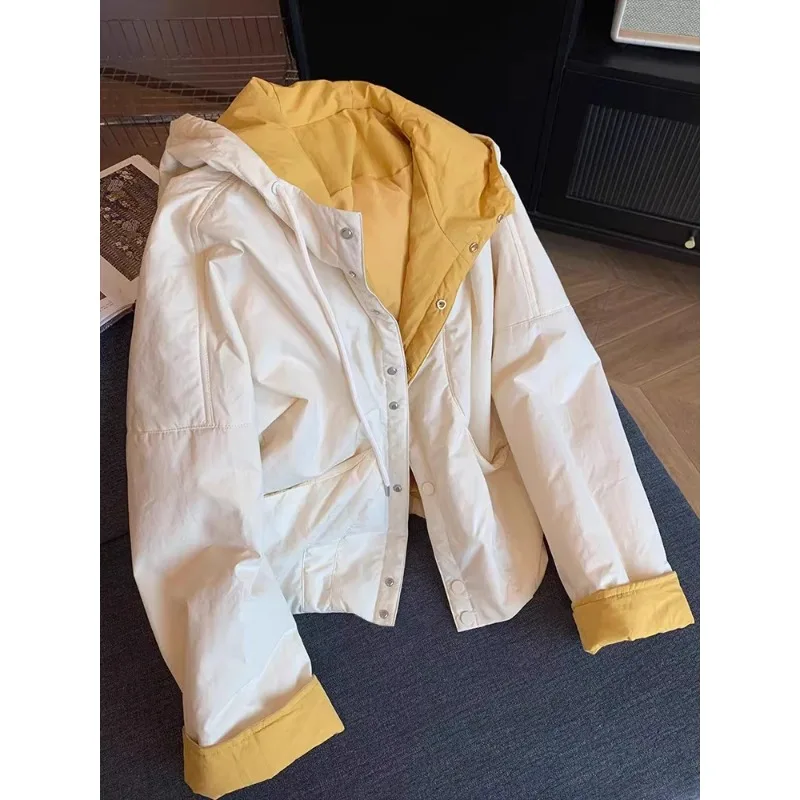 

Корейская модная матовая хлопковая куртка с капюшоном в стиле колор-блок для женщин: новая осенне-зимняя модель, повседневная универсальная верхняя одежда