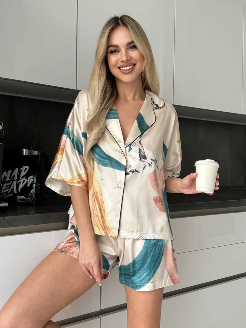 

Marthaqiqi Loose Home Clothes Ladies Half Sleeve Sleepwear Turn-Down Collar Pajamas Shorts Casual Female Nightgowns 2 Piece Suit