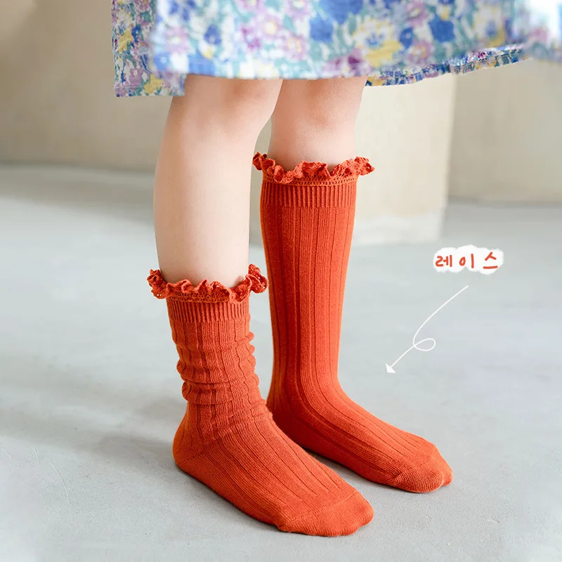 

New Korean Cute Kawaii Kids Girls Knee High Long Socks Cotton Ruffle Frills Solid Color Stockings for Baby Toddler Clothes Stuff