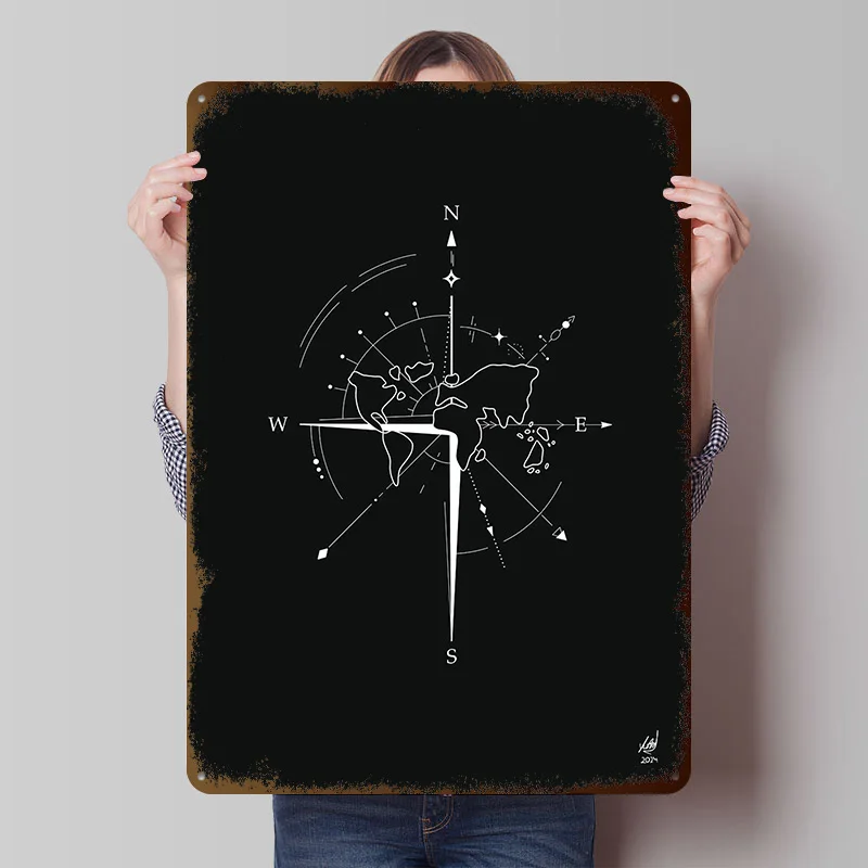 World Compass Minimalist Art Tinplate Posters Customizable Wall Art Retro Vintage Metal Signs for Home Room Office Decoration