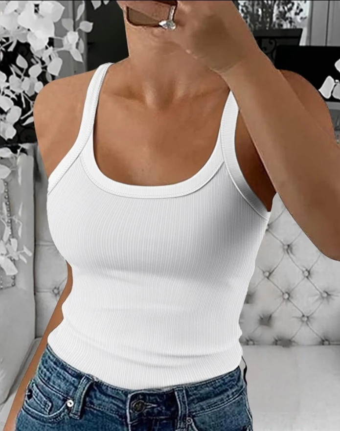 

Women's Casual Slim Fit Ribbed Tank Top Daily Female Clothing New Fashion Women Scoop Neck Skinny Spaghetti Strap T-Shirt