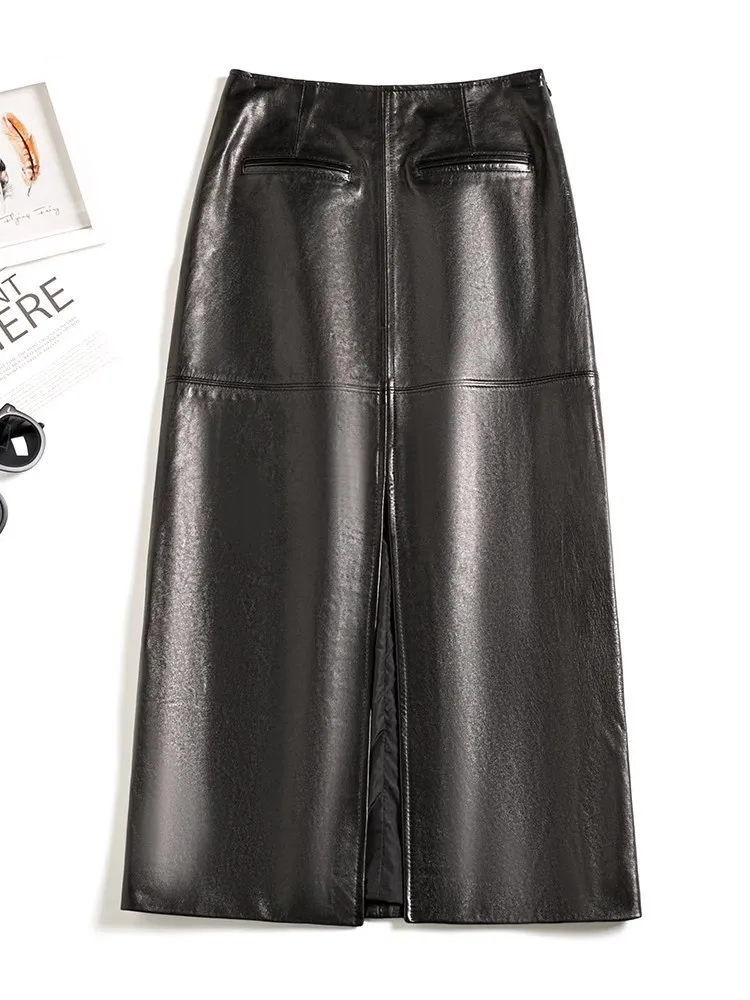 Elegante Büro Damen Schaffell Echtes Leder Langen Rock Hohe Taille Einfarbig Zurück Split Mode Frauen A-linie Röcke S-4XL