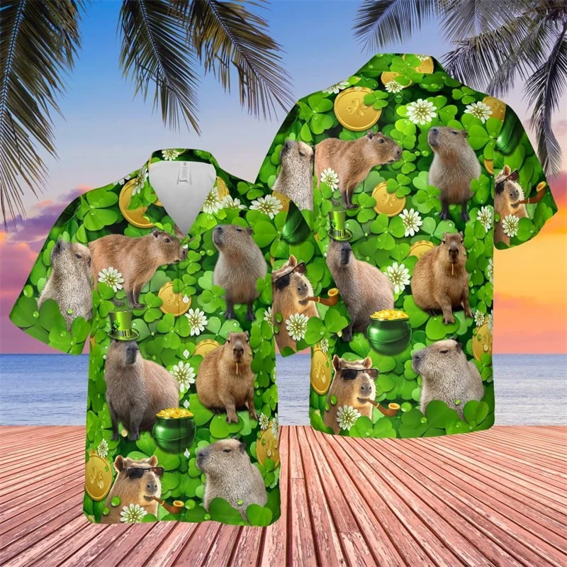 Capybara Hibicus Flower 3D Printed Shirts For Men Clothes Hawaiian Beach Shirt Casual Cute Animal Short Sleeve Women Blouses Top