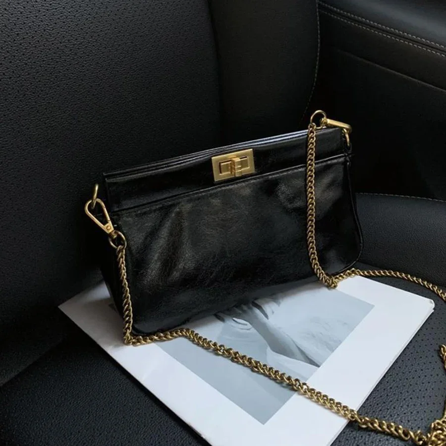 Oil wax leather chain single shoulder underarm bag women handbags casual simple pu shoulder bags youth Crossbody bags black sac