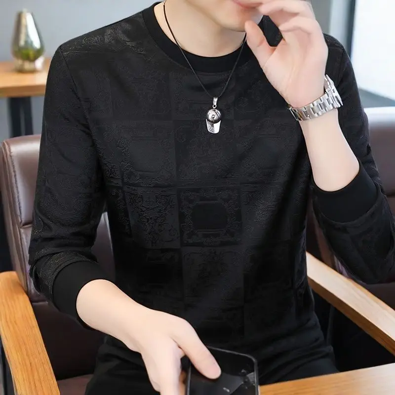 

Men's Autumn Winter Fashion T-Shirt Sweatshirt Jacquard Trendy Round Neck Casual Pullover Versatile Long Sleeve Base Layer Top