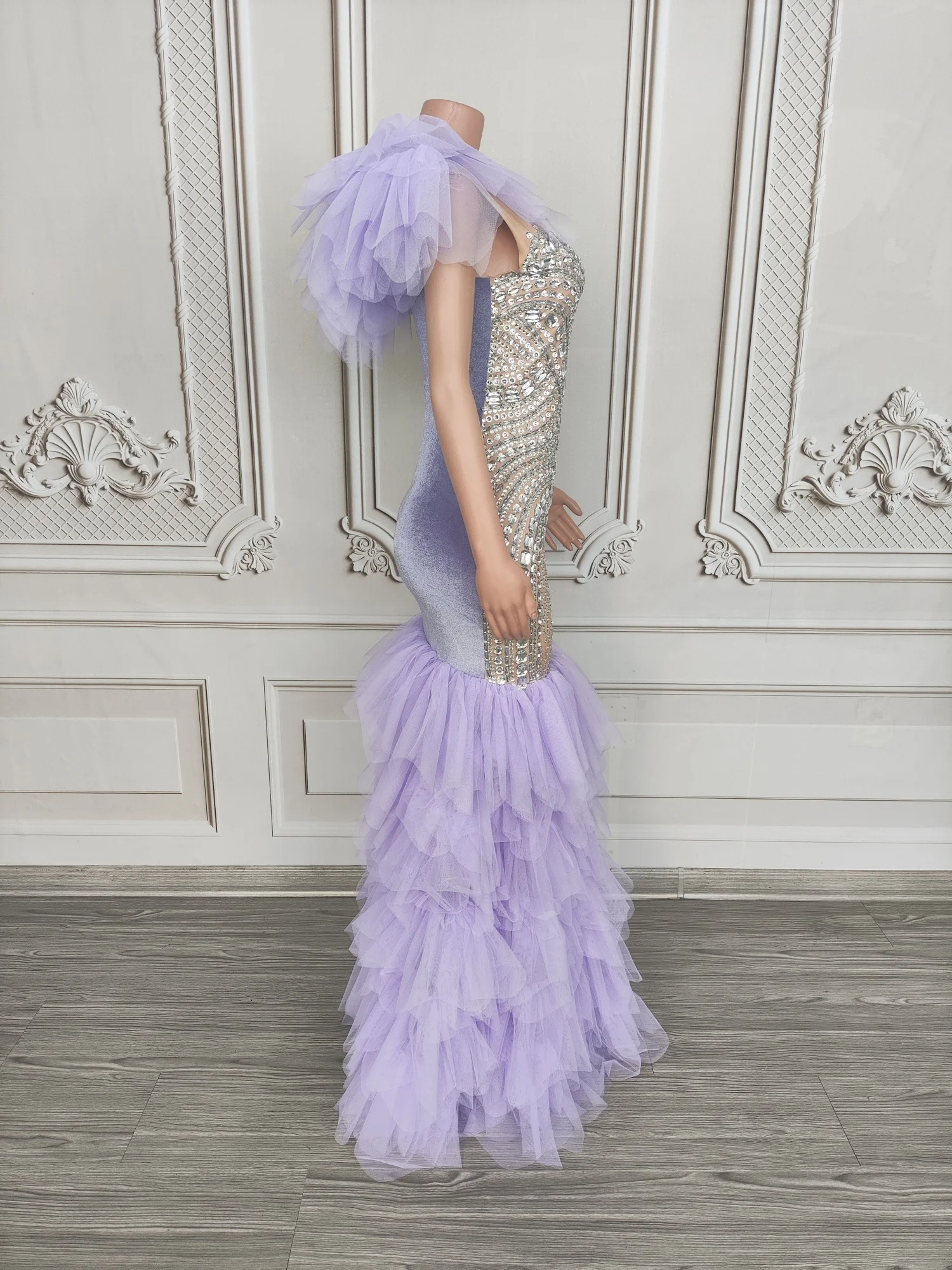 

Женское роскошное серебристое платье-русалка Huolieniao с лавандовым тюлем и стразами, прозрачное сетчатое облегающее вечернее платье макси для торжественных мероприятий и выпускных вечеров