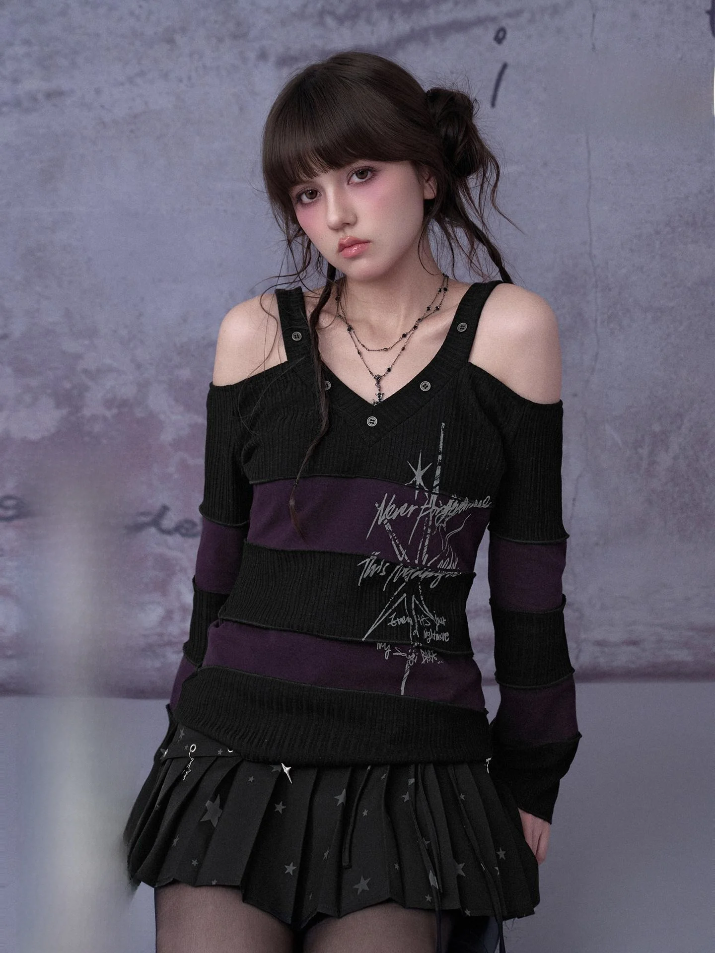 

SagiDolls Rock Girl Shoulder Bared Knitted V-neck T-shirt Street Style Teenage Girls Polyester Cotton Blend Springwear