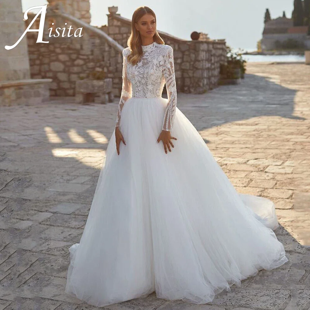 Wedding Dress Lace High Neck Long Sleeves A-Line Illusion Exquisite Beading Lace Applique Africa Bridal Gown Vestido De Noiva