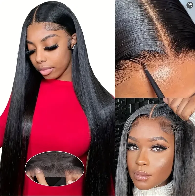 شعر مستعار بدانتيل أمامي عالي الدقة بدون صمغ شعر بشري 13x4 إغلاق مسبق القطع ومسبق القطع 200% كثافة مستقيمة ملابس سوداء طبيعية وشعر مستعار لـ W