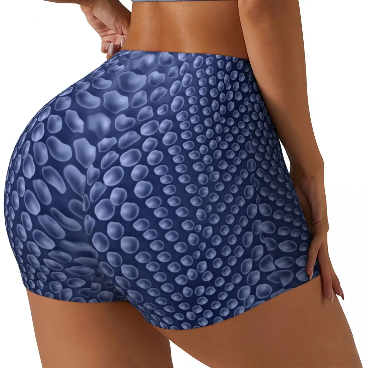 Custom Blue Snakeskin Texture Print Biker Running Workout Shorts for Women Snake Skin Gym Athletic Yoga Shorts