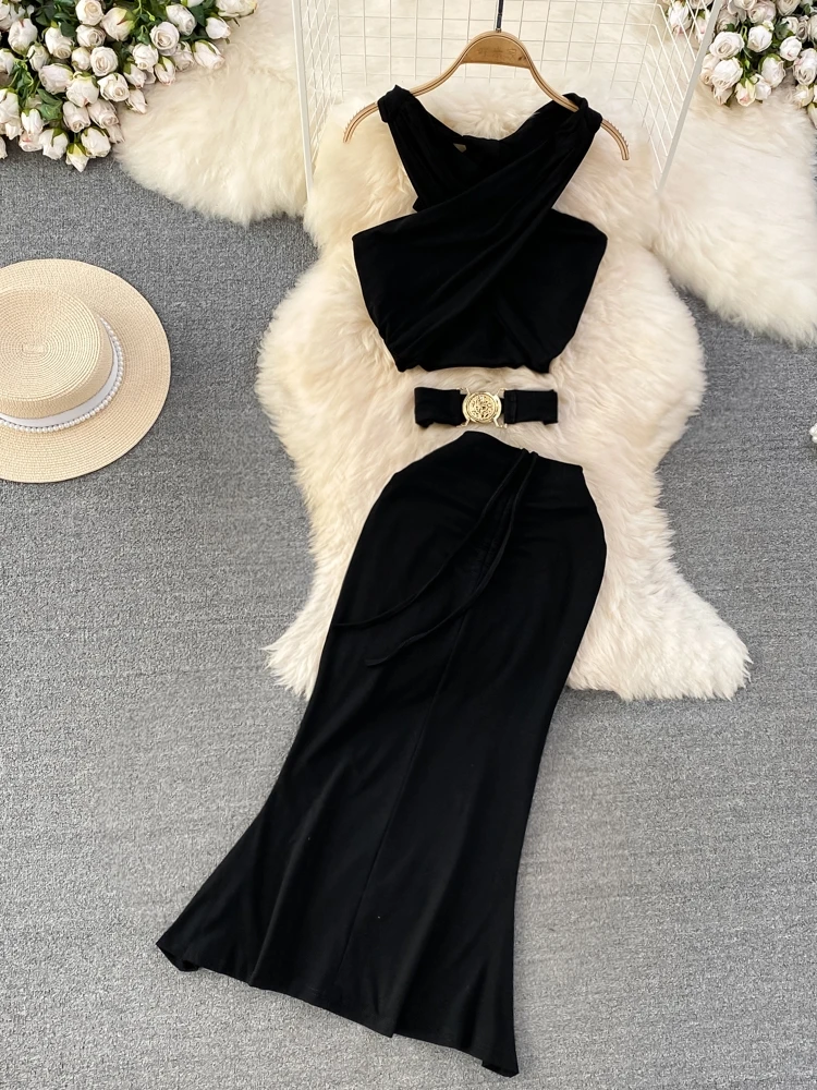 

Faionable Sexy ort Vest And Skirt Set High Waist Bodycon f-length with Cross V-ne Pleated Trendy Outfit for Young Women