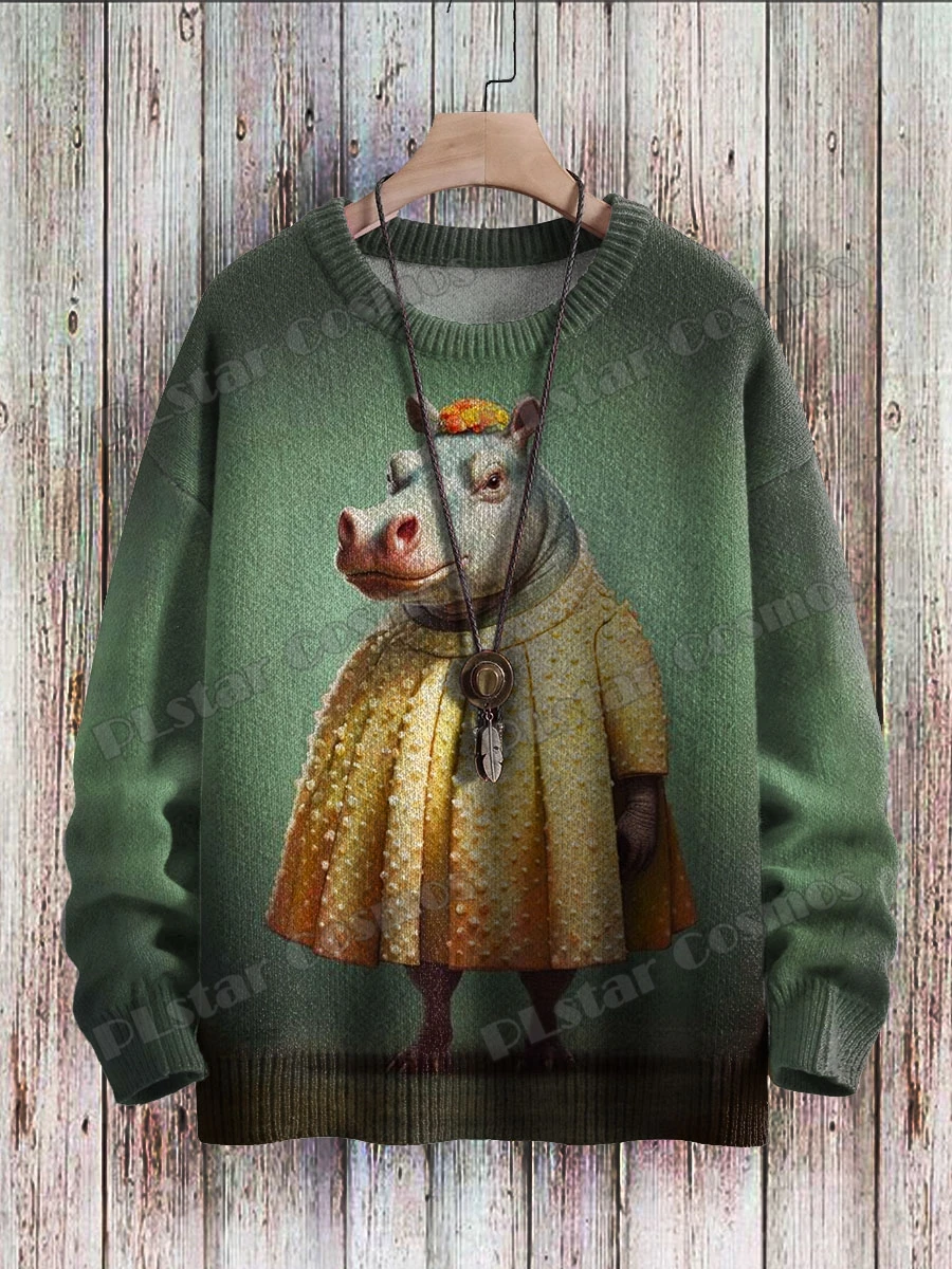 

Funny Hippo Art Pattern & Smoking Hippo 3D Printed Men's Knitted Pullover Winter Unisex Casual Knit Pullover Sweater ZZM99