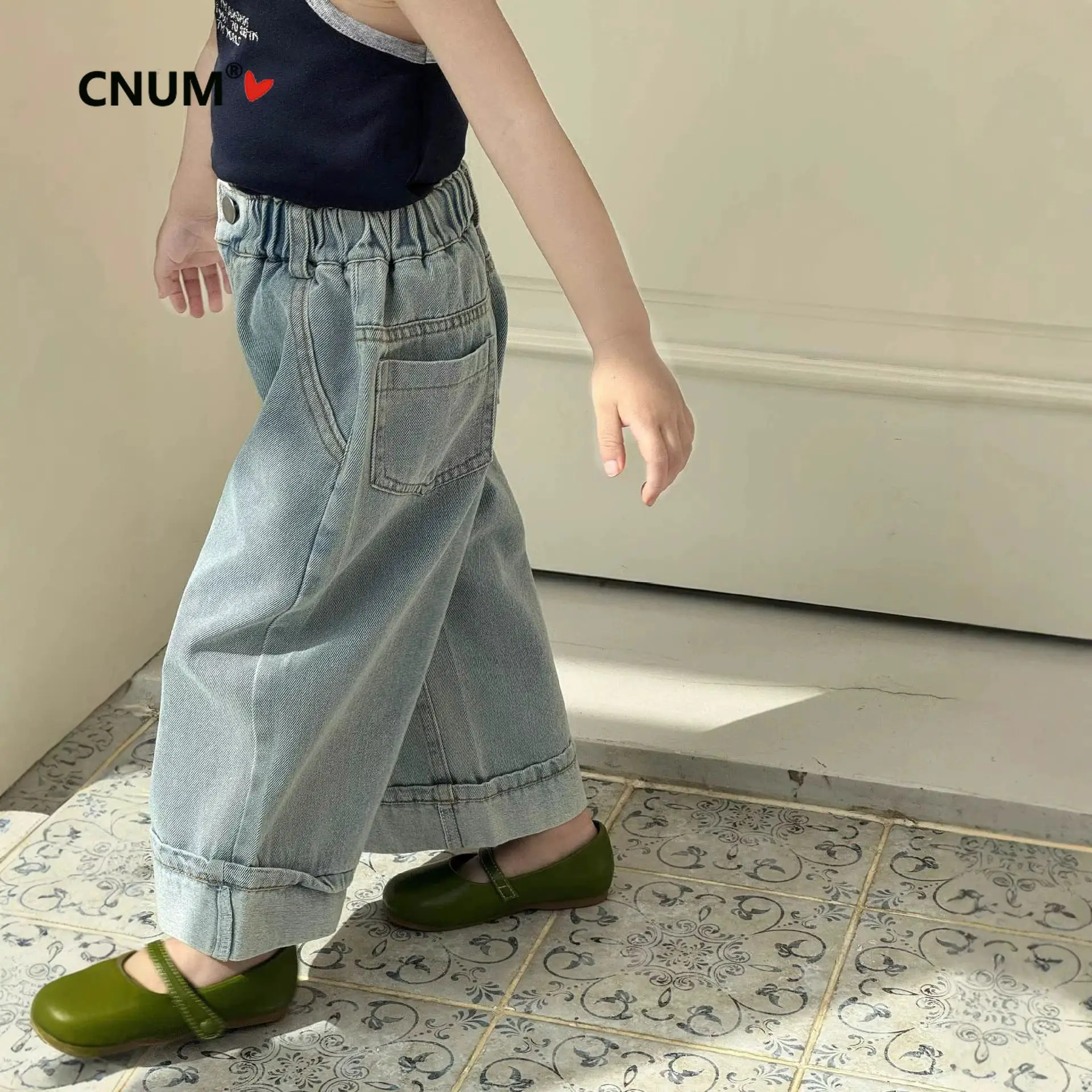CNUM Girls' Jeans 2026 Spring New Style Long Pants Elastic Waist Blue Cuffed Washed Straight Jeans Casual Wide-leg Trousers