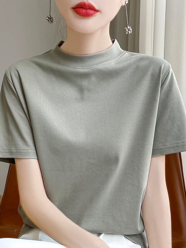 T-shirt estiva da donna in puro cotone ort Sve Colletto neutro sottile e allentato f Sve Faionable Primavera Autunno Abbigliamento interno Ba...