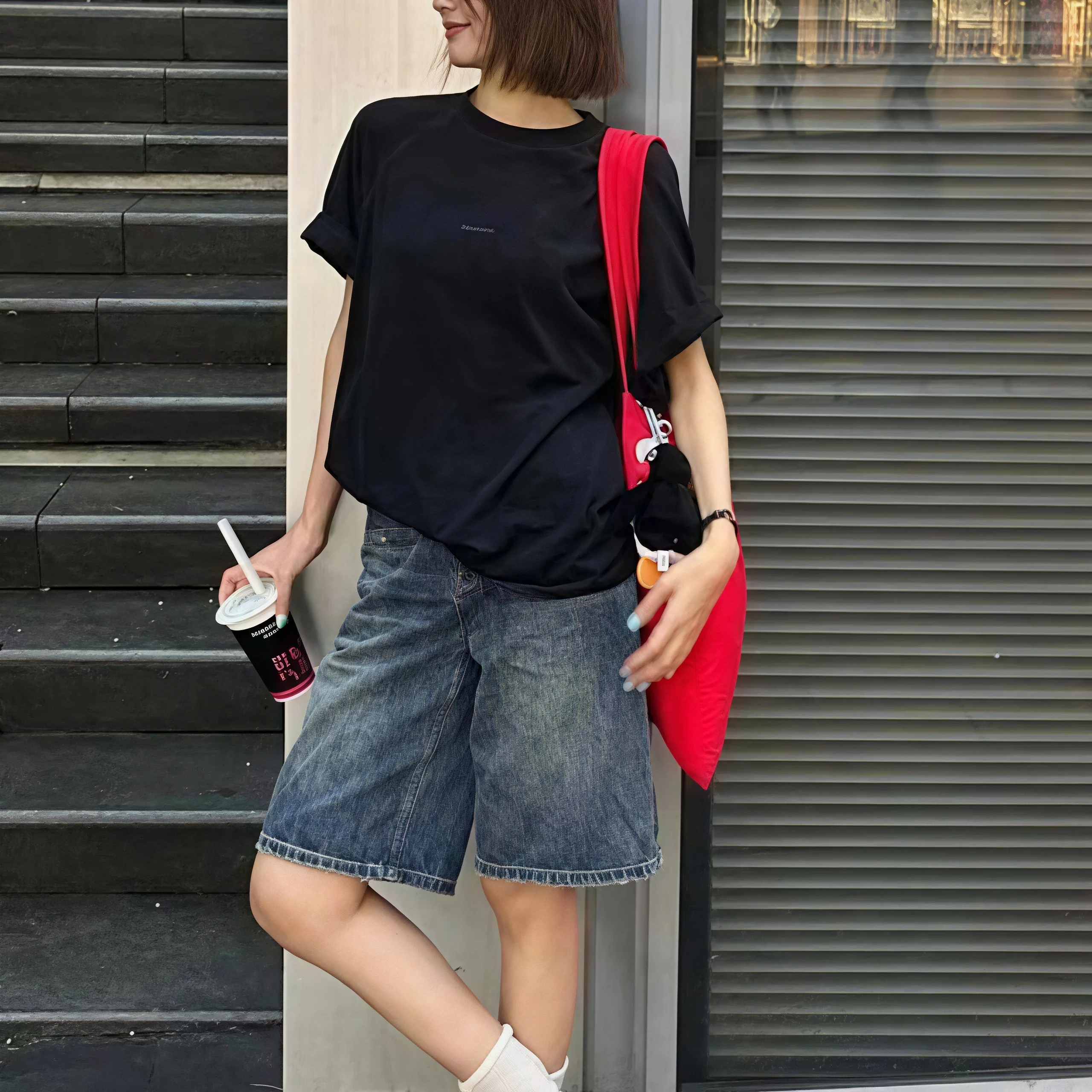 Y2K Retro Washed Blue Denim Bermuda Shorts For Women High‑Rise Loose Wide Leg Knee‑Length Casual Streetwear Jeans Pants image 2