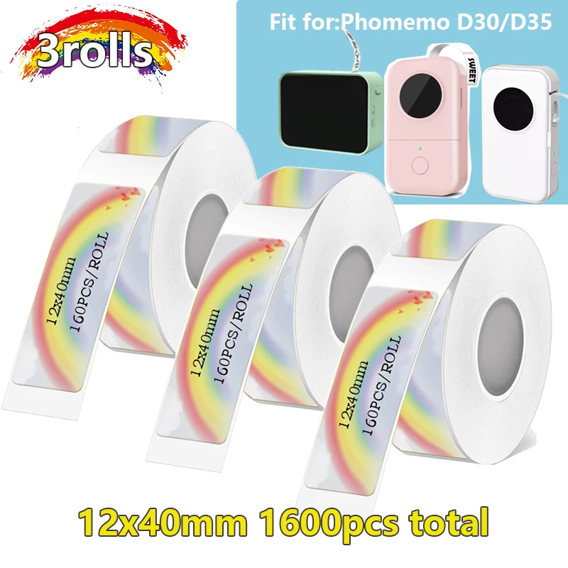

3 рулона мультяшной радужной термоэтикетки, подходящие для phomemo d30 d35, клейкие термоэтикетки для идентификации этикетки с именем офиса