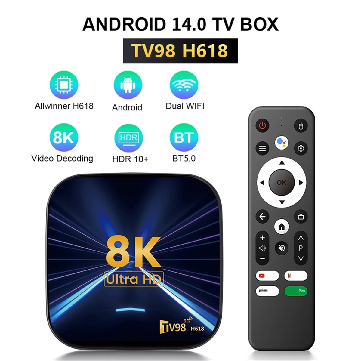 Per Android TV Smart Box 8K TV98 Allwinner H618 Dual WiFi 2.4G e 5G HDR10 2 + 16G Lettore multimediale BT5.0 Set Top Box Spina UE