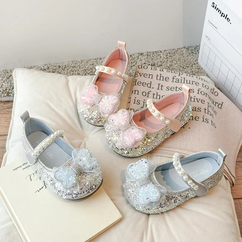 Toddler Girls Sparkly Sequins Princess Mary Jane Shoes Sweet Bow Pearl Strap Soft Flat Dress Shoes for Party