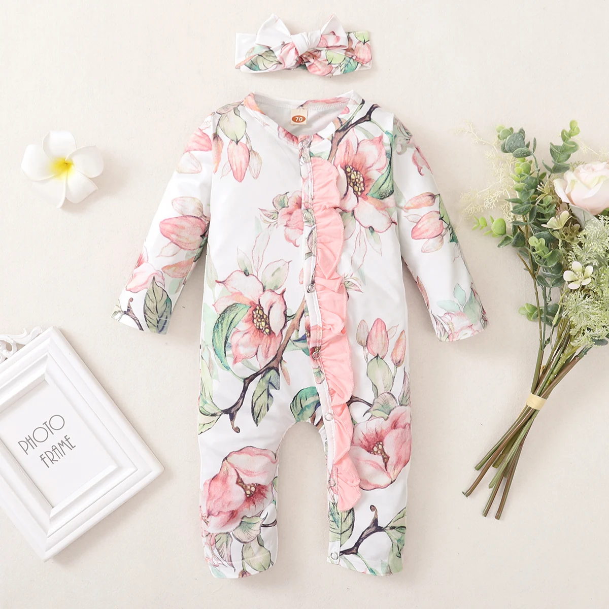 0-18 Month old Lovely Baby Girl Round Neck Bodysuit flower Print and  Spring And autumn Bodysuit Newborn Baby Crawler Suit