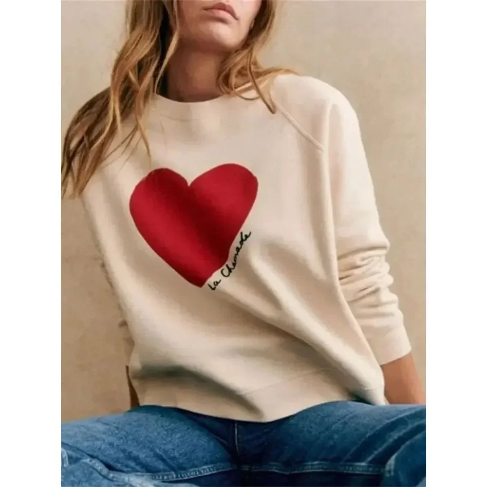 Women French O-neck Sweatshirt Autumn Winter Ladies Long Sleeve Loose Fit Heart Pattern Print Pullover Tops 2024 New