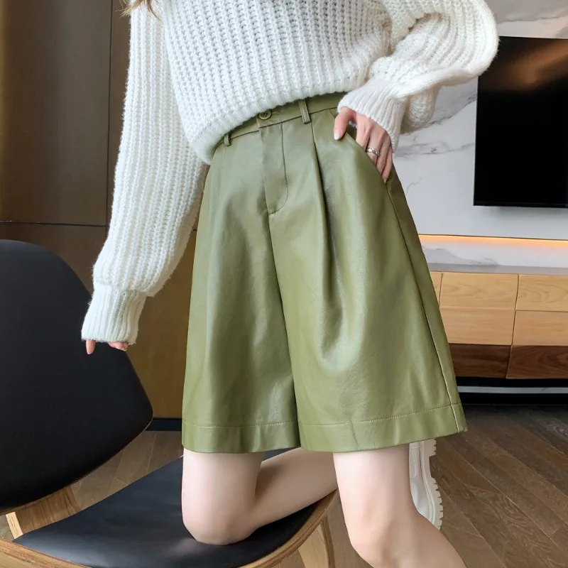 

2024 Leather Shorts Women Fall and Winter Korean A-line High Waist Wide Leg Loose Thin Versatile Straight Pants Female