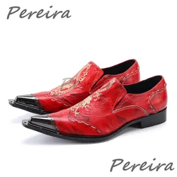 Red Embroidery Men Dress Shoes Metal Pointed Toe Slip On Loafers Chinese Style Med Heel Party Wedding Business Casual Shoes
