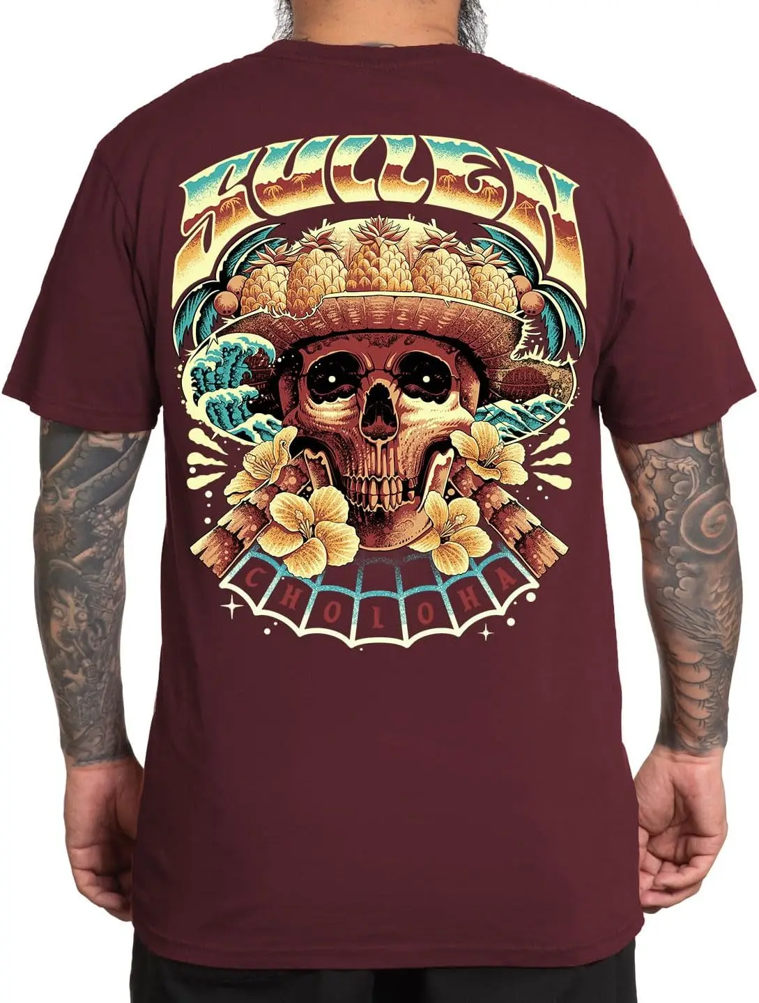 Sullen Men's Skulloha Choloha Series Tattoo Lifestyle Artist Graphic Premium Short Sleeve Tee, 3X, Tawny Port