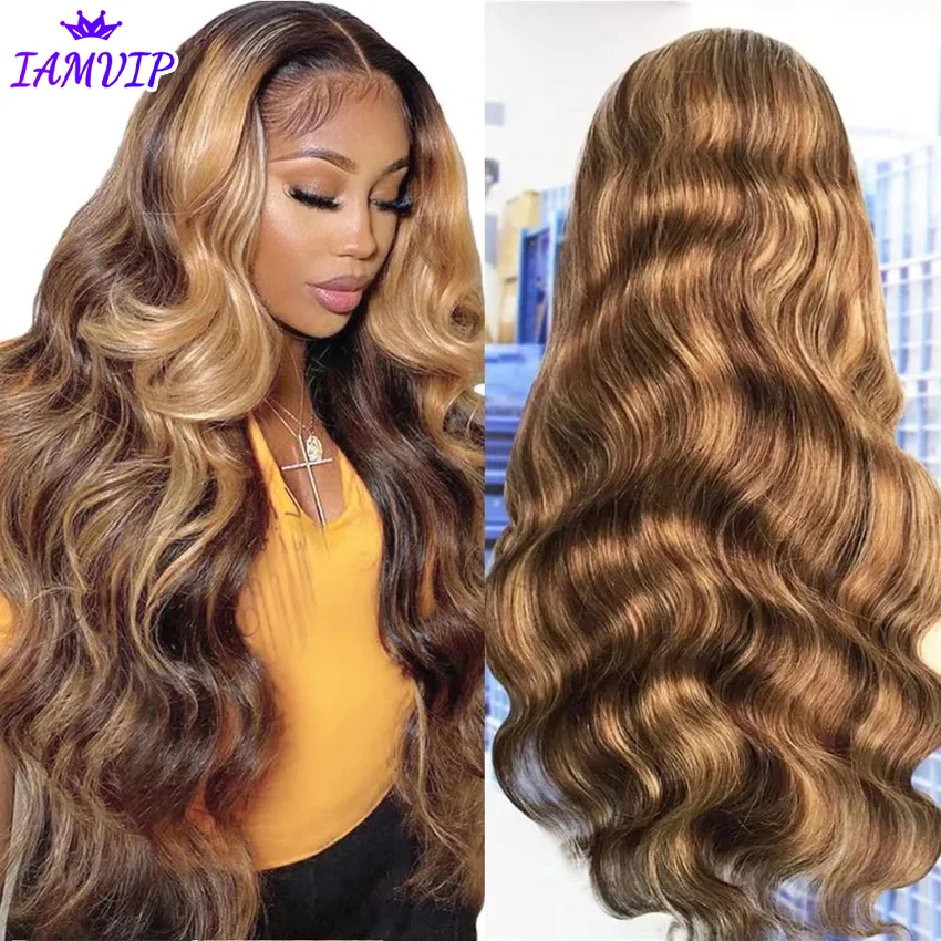 13x4 13x6 Hd Highlight Body Wave Lace Front Wig For Women Remy P4/27 Ombre Human Hair Lace Frontal Human Hair Wigs Choice Glue