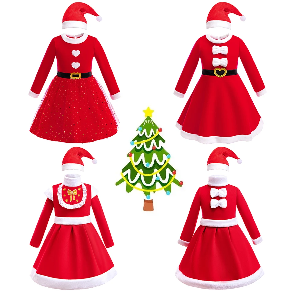 Girls Xmas Fleece-lined Dress Kids Christmas Present Carnival Party Clothes Children Red Festival Costume New Year Warm Outfits