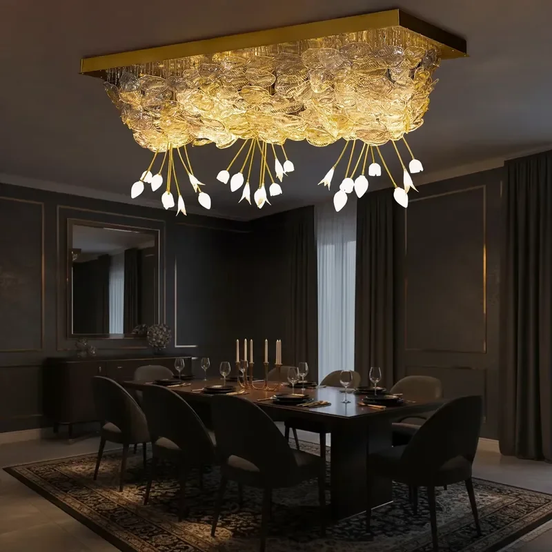 Modern Luxury Rectangular Ceiling Lightweight Stainless Steel Frame Crystal Petal Chandelier
