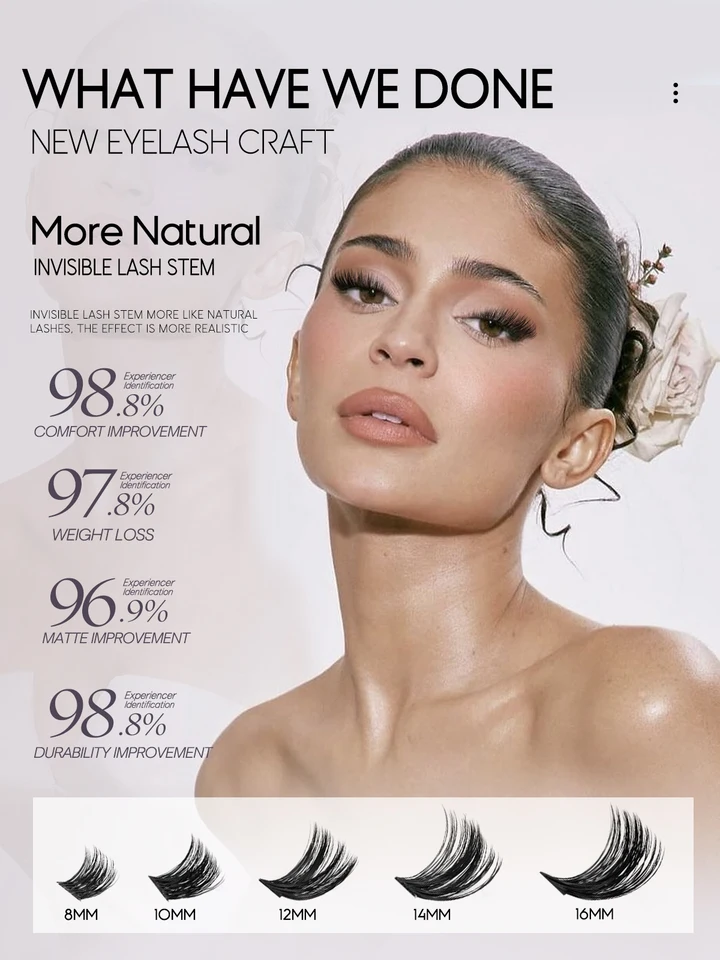 Kit de pestañas por racimos esponjosas individuales, C curl, extensiones de 10-18mm, kit DIY con pegamento y sellador 5