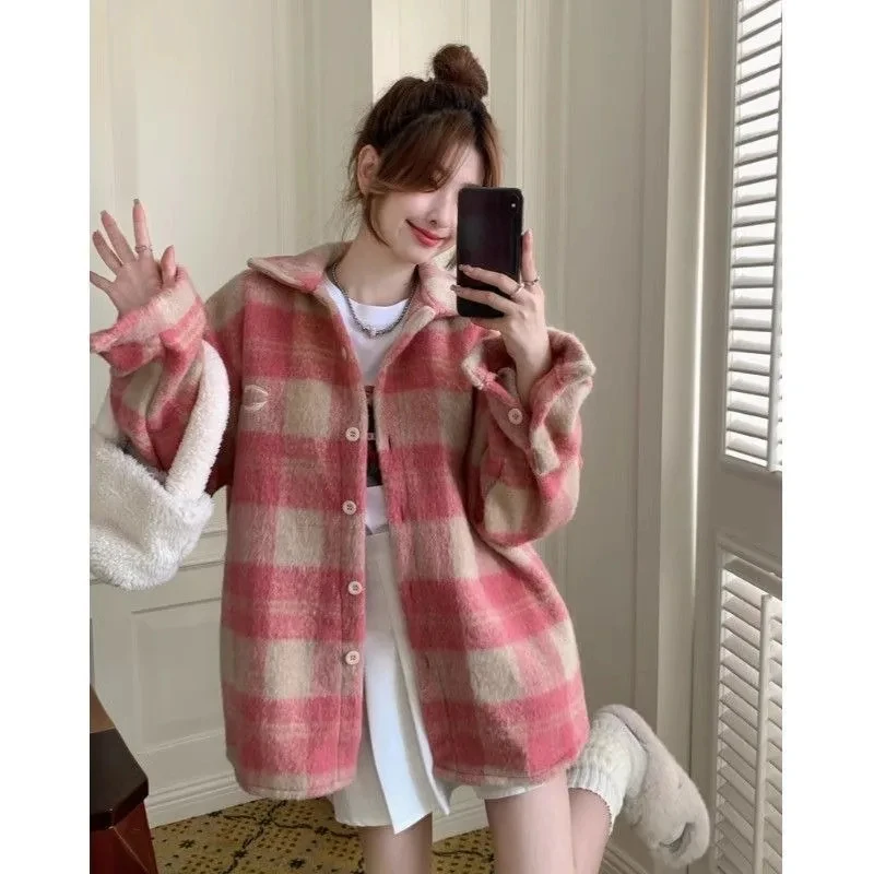 

Осень, новый стиль, розовая клетка, плюшевое усилитель, женское пальто Maillard Sense of Advanced, свободная куртка, платье