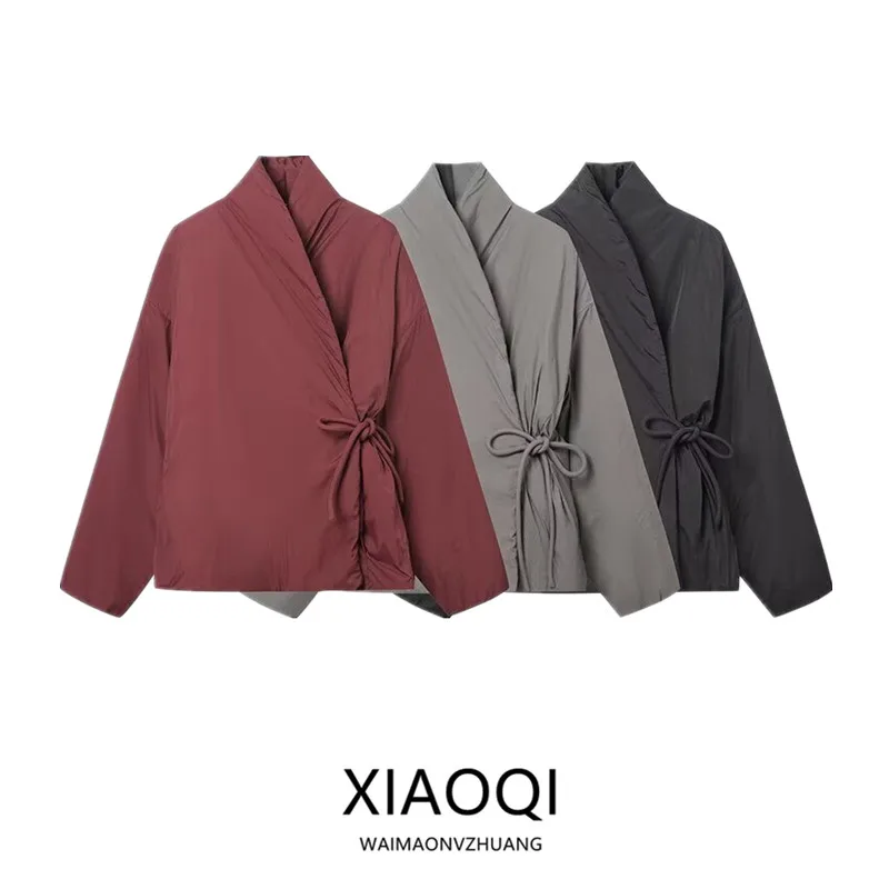 سترة نسائية قطنية على طراز الكيمونو بربطة عنق وياقة عالية، أزياء جديدة للخريف والشتاء، ملابس خارجية قصيرة للسيدات بأسلوب أوروبي