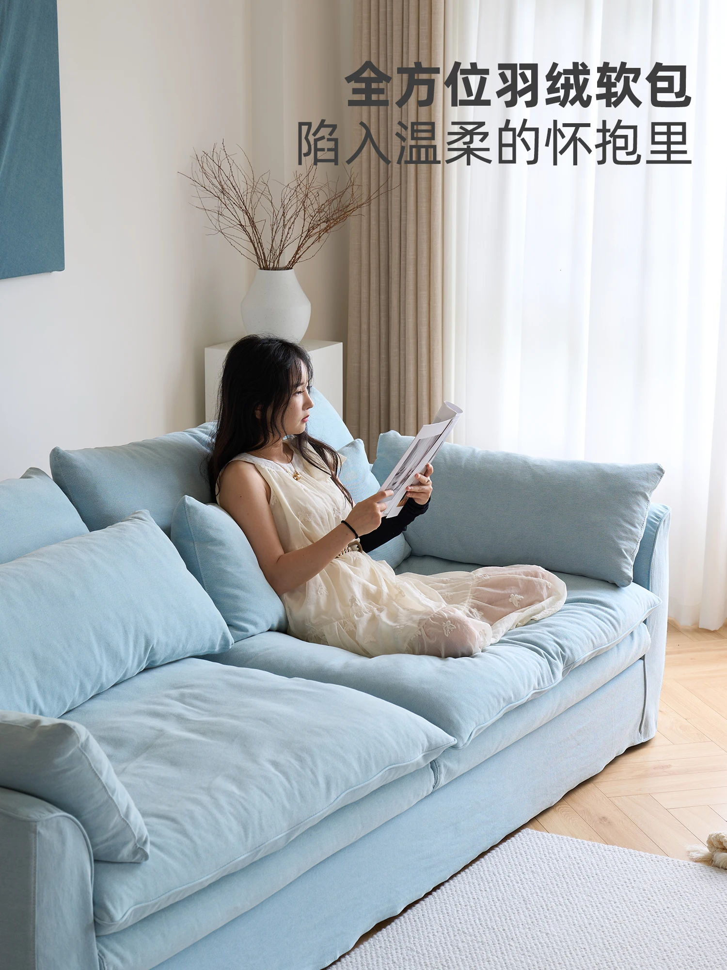 أريكة من قماش الدنيم وابي سابي مصنوعة من القطن والكتان مع كتان قابل للفصل والغسل على طراز كريمي #5