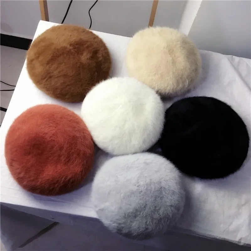 Black/White Fashion Classic Women Rabbit Fur Berets Autumn Winter Warm Thick Plush Hat Casual Solid Color Elegant Sweet Berets