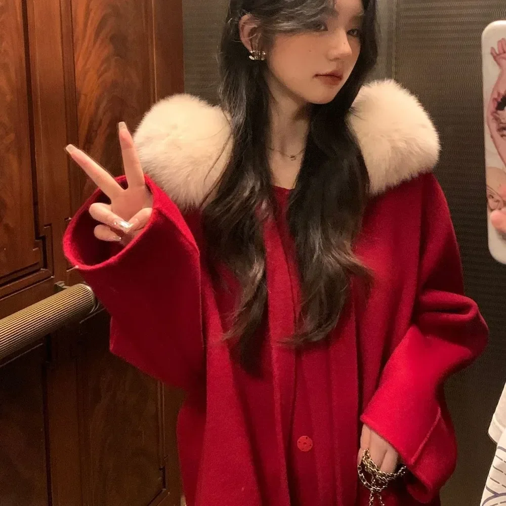 Long Loose Hooded Collar Tie Up Wool Coat 2024 New Autumn Winter Female Fashion Double-side Woolen Real Fox Fur Jacket Women