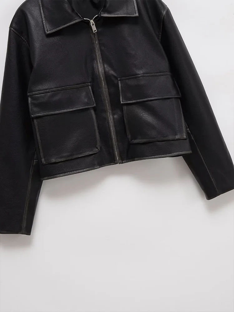 Chaqueta de cuero con bolsillo tipo parche y solapa de color sólido con temperamento versátil a la moda para mujer de estilo europeo
