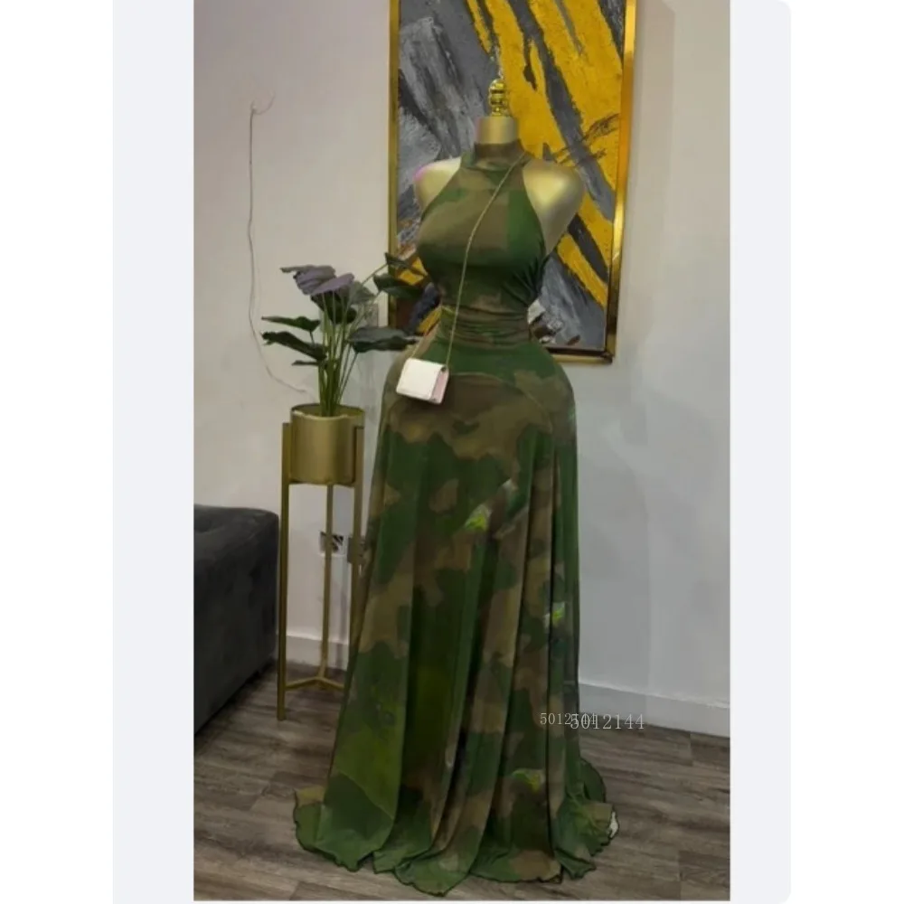 Elegancka sukienka maxi na jesień 2026, damska, bez rękawów, z okrągłym dekoltem, z nadrukiem, o kroju syreny, długa, koktajlowa, wieczorowa, urodzinowa, plażowa, seksowna, na imprezę nocną.