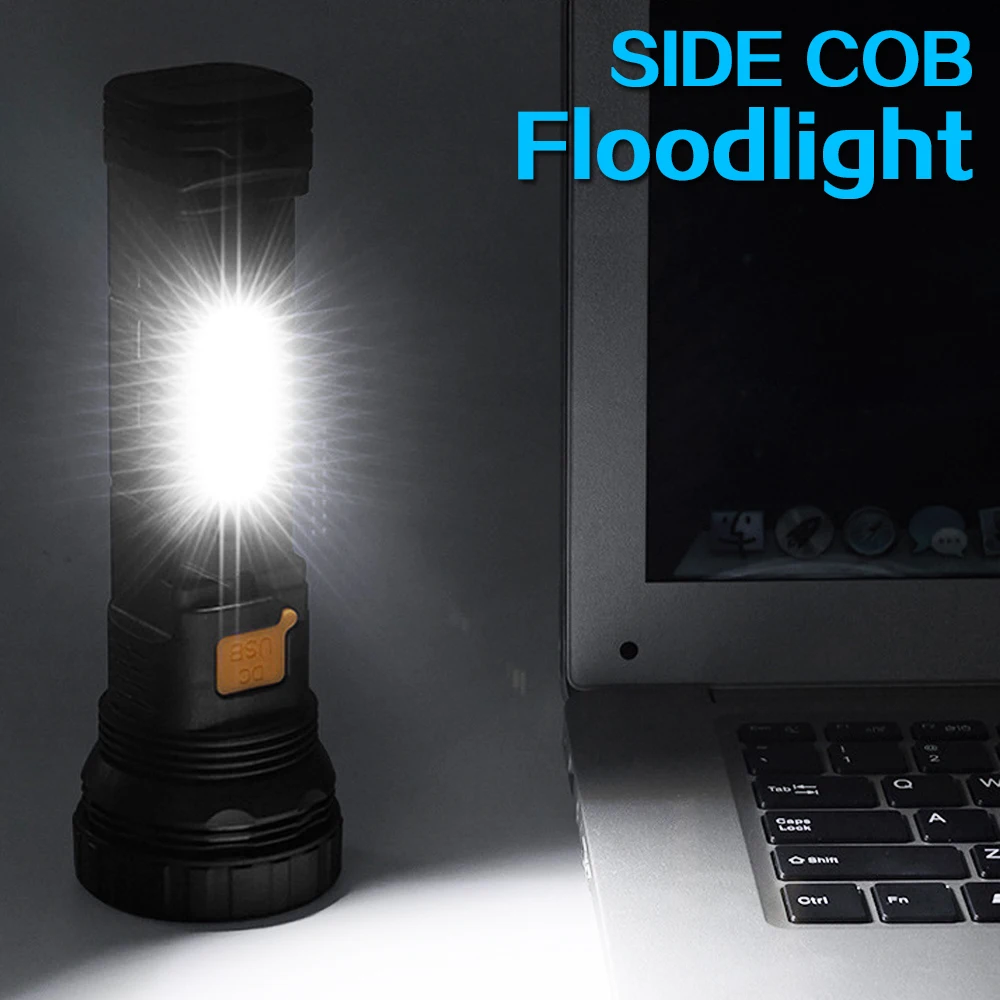 LED Solar Flashlight USB Rechargeable Flashlights with side COB Outdoor Long-range Torch Emergency Power Bank Hand Camping Lamp