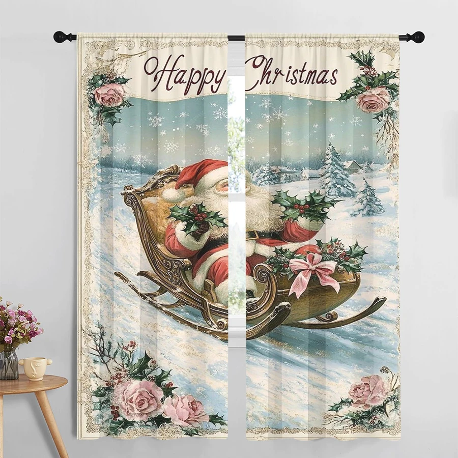 2PCS Vintage Santa Claus Curtains, Victorian Sleigh Rose Floral Frame, Retro Christmas Window Drapes for Bedroom Living Room