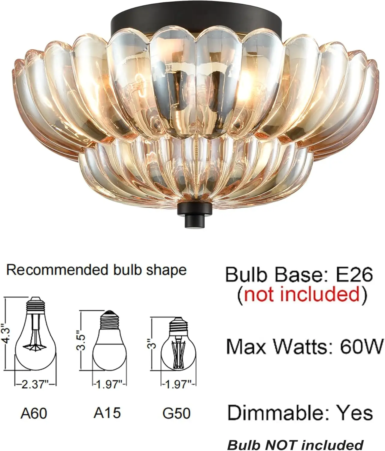 Hydelite Modern Black Flush Mount Ceiling Light 3-Light Close To Ceiling Light Fixtures With Scalloped Amber Glass Shade For