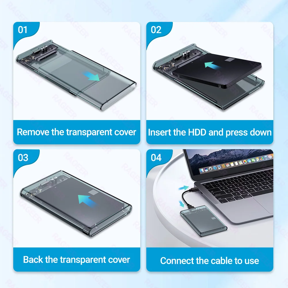 RAGEER 2.5'' Hard Drive Enclosure - Tool-Free, USB 3.0 UASP Support, 5Gbps Speed for 2.5'' SATA SSDs & HDDs, Plug & Play Ready!