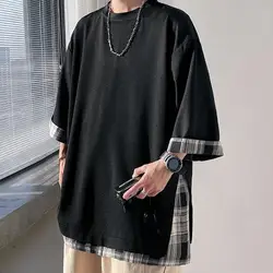 Summer Men's T-shirts  Korean Style Loose Fake Two-piece Mid Length Plus Size Three Quarter Sleeves Streetwear Outdoor Top