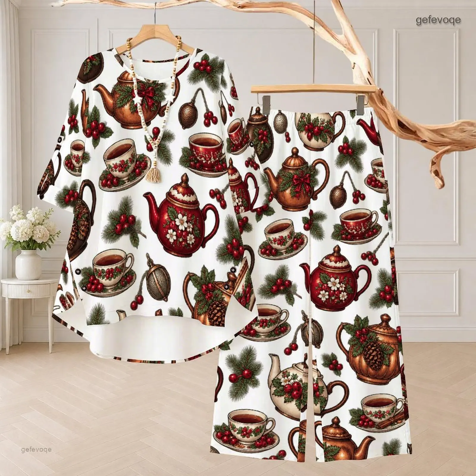 Women Printed Teapot Teacup Holly Pine Pattern Round Neck Long Sleeve Top and Long Pants Two Piece Set